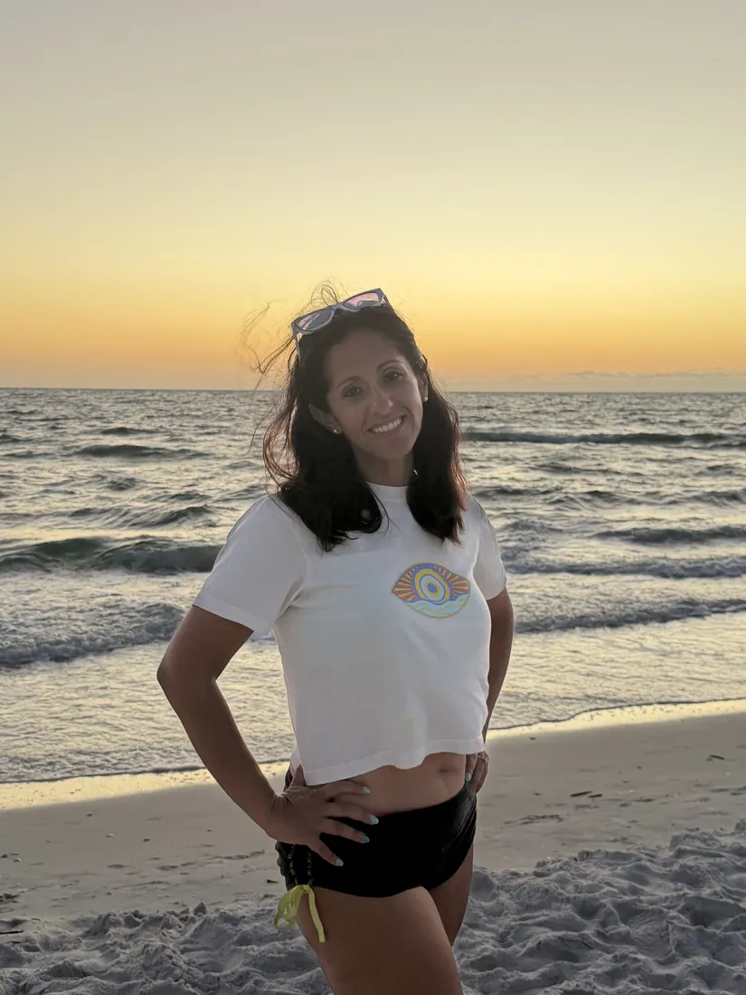Wearing the maritime-eye tee at the shoreline